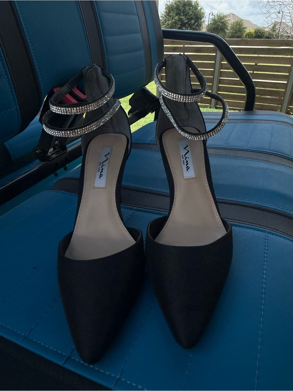 Nina Black Pointed-Toe Heels with Rhinestone Ankle Straps
